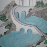 A winding bridge crosses the ancient moat as a camouflaged water dragon passes beneath