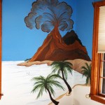 Volcano painted between two windows